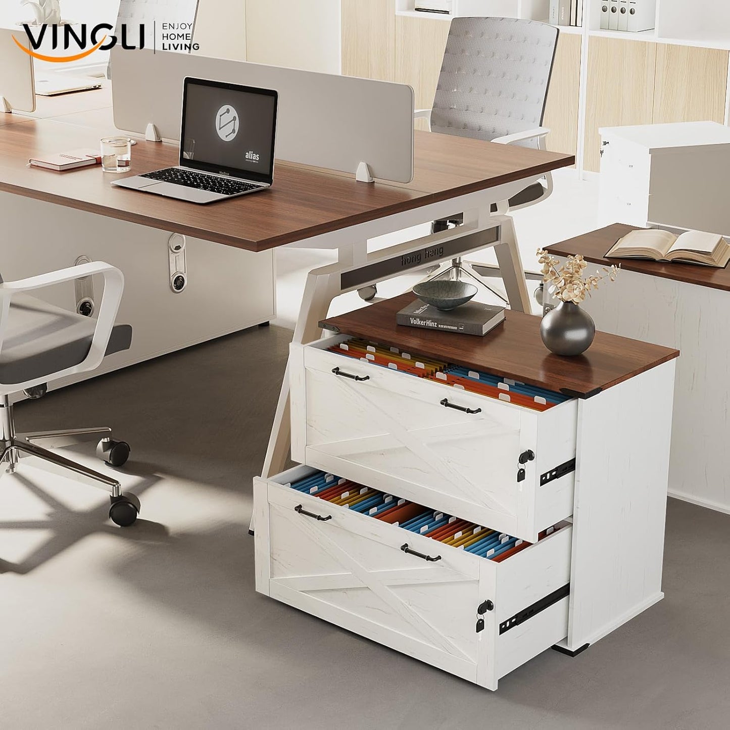 VINGLI 2 Drawer File Cabinet with Lock, Home Office Filing Organizer, for Letter Legal A4 Size File Folder Storage, Modern Farmhouse, Wood Lateral Filing Cabinet, Archivador (Rustic White & Brown)