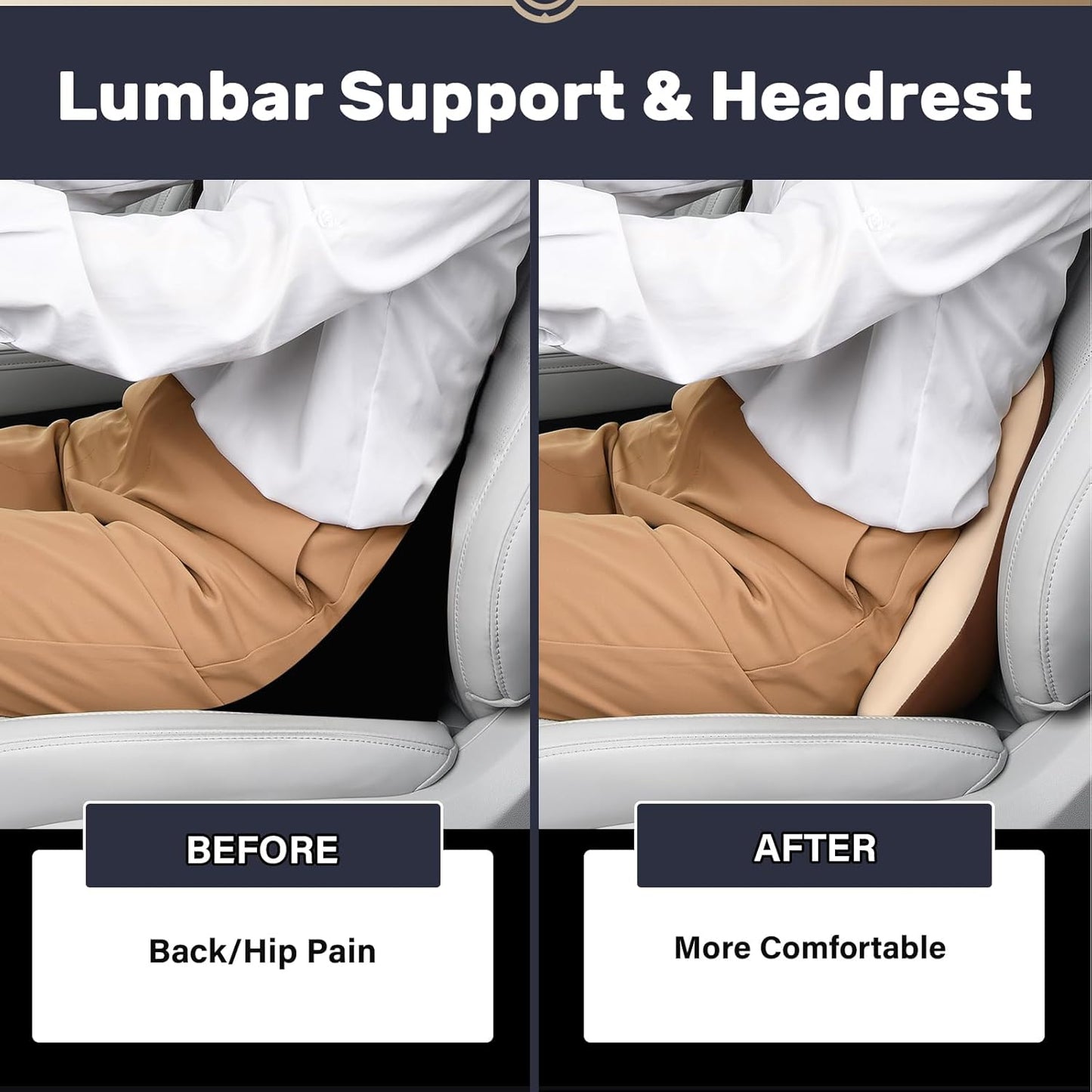 Coverado Lumbar Support and Car Neck Pillow, Ergonomic Memory Foam Desk Chair Cushion and Headrest Pillow for Car Office Chair, Sciatica & Neck & Tailbone Pain Relief Cushion-Beige