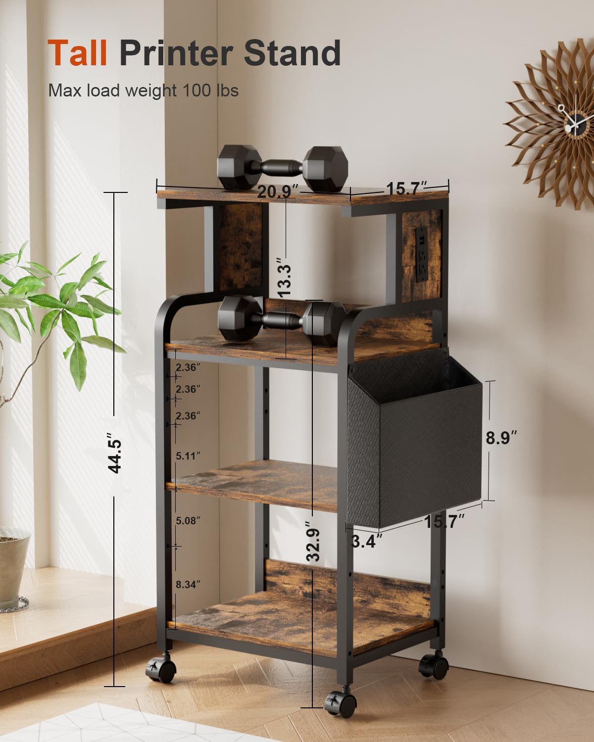 Tall Printer Stand with Storage Adjustable Shelf and Bag, 4-Tier Large Printer Table with Charging Station for Home Office, Printers Cart with Wheels for 3D Shredder Scanner Fax