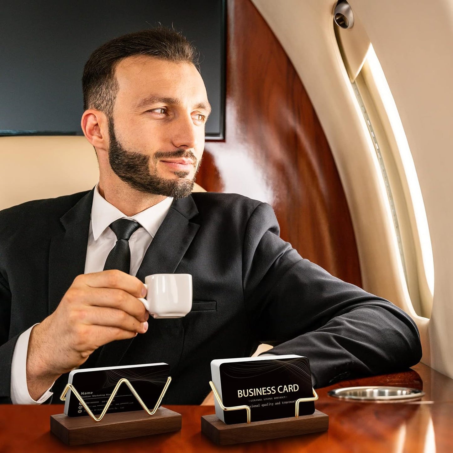 Amyhill 2 Pieces Wood Business Card Holder for Desk Wooden Business Card Display Stand Postcard Holder for Office Home Desktop (Wood Color, Gold)