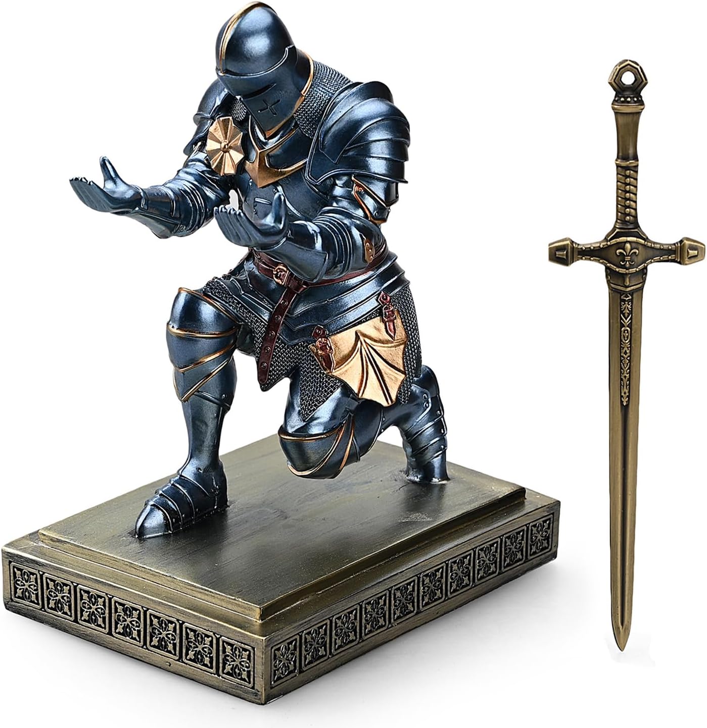 Medieval Armored Warrior Knight Pen Holder Desk Organizers and Accessories Resin Pencil Holder Paperweight as Gift with a Cool Letter Opener for Desk (Blue)