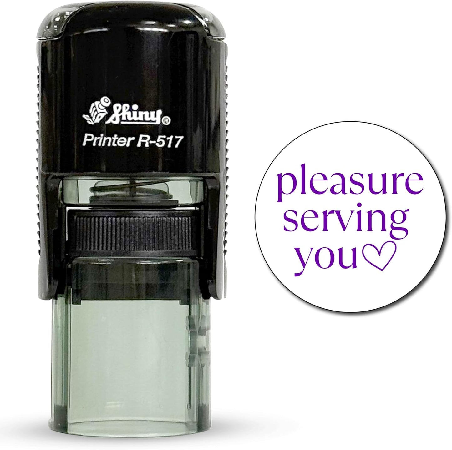 Shiny Pleasure Serving You Stamp, Round Self Inking Stamp for Office and Retail, Purple Ink
