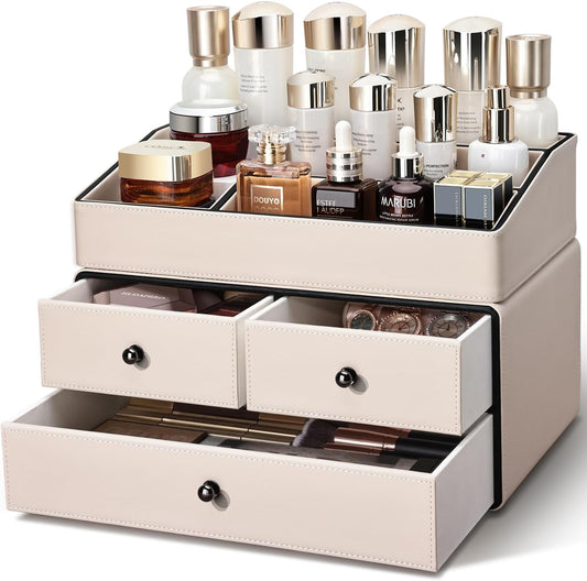 KINGFOM Leather Makeup Organizer with 3 Drawers, 2 Tier Cosmetic Storage Organizer for vanity Dresser Countertop and Bathroom Vanity, Beauty Holder for Lipstick Brush Skincare (Beige)
