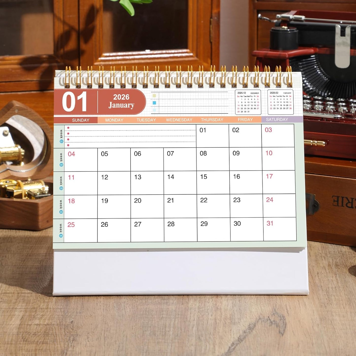 Small Desk Calendar 2025, Desktop Calendar from July 2025 to Dec 2026, Metal Ring Twin-Wire Binding Monthly Desktop Calendar for Home Office School (White)