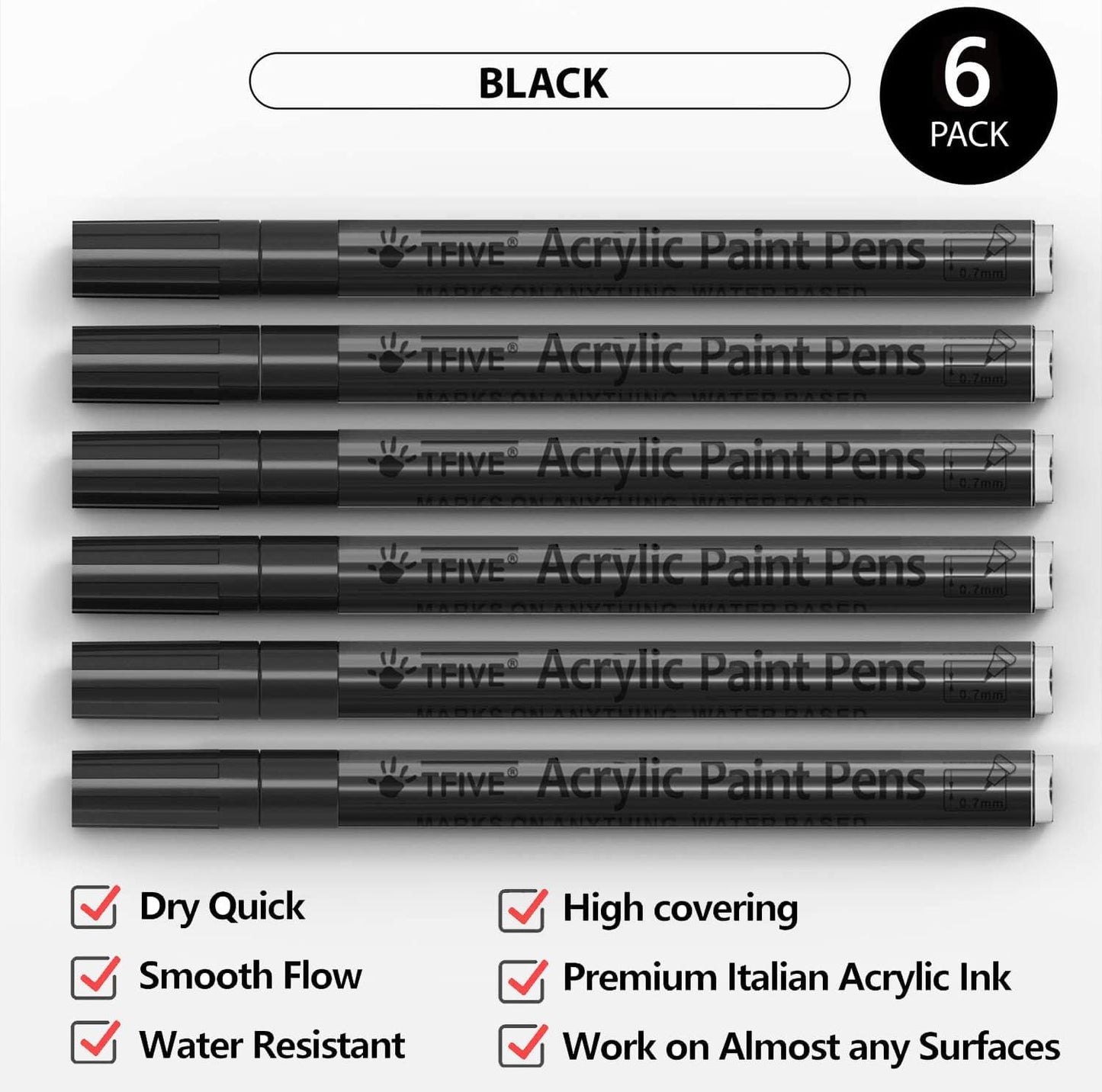 Black Marker Paint Pens - 6 Pack Acrylic Black Permanent Marker, 0.7mm Extra Fine Tip Paint Pen for Art projects, Drawing, Rock Painting, Stone, Ceramic, Glass, Wood, Plastic, Metal, Canvas DIY Crafts