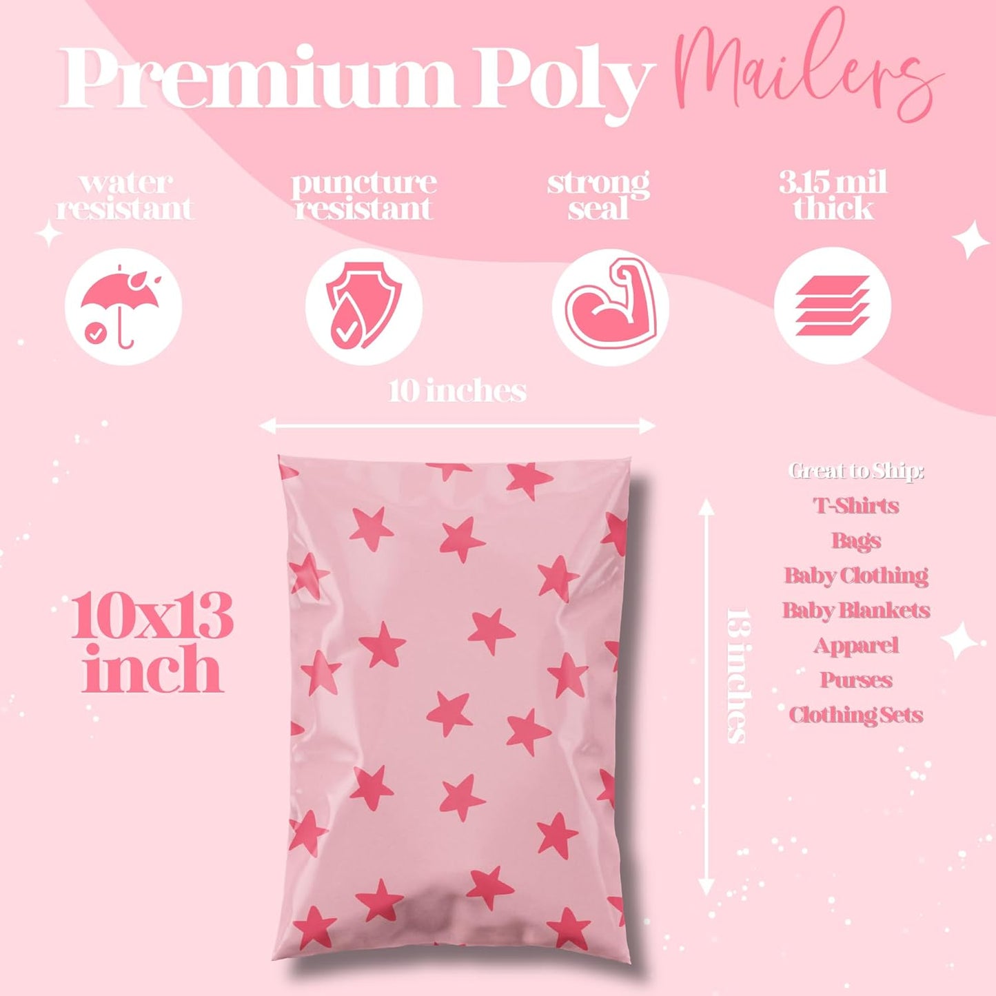 10x13 Designer Poly Mailer 100 Pack Heavy Duty Waterproof Self Seal Shipping Bags for Small Business Large Mailing Envelopes Bulk Tear Resistant Cute Packaging Seeing Stars Pink