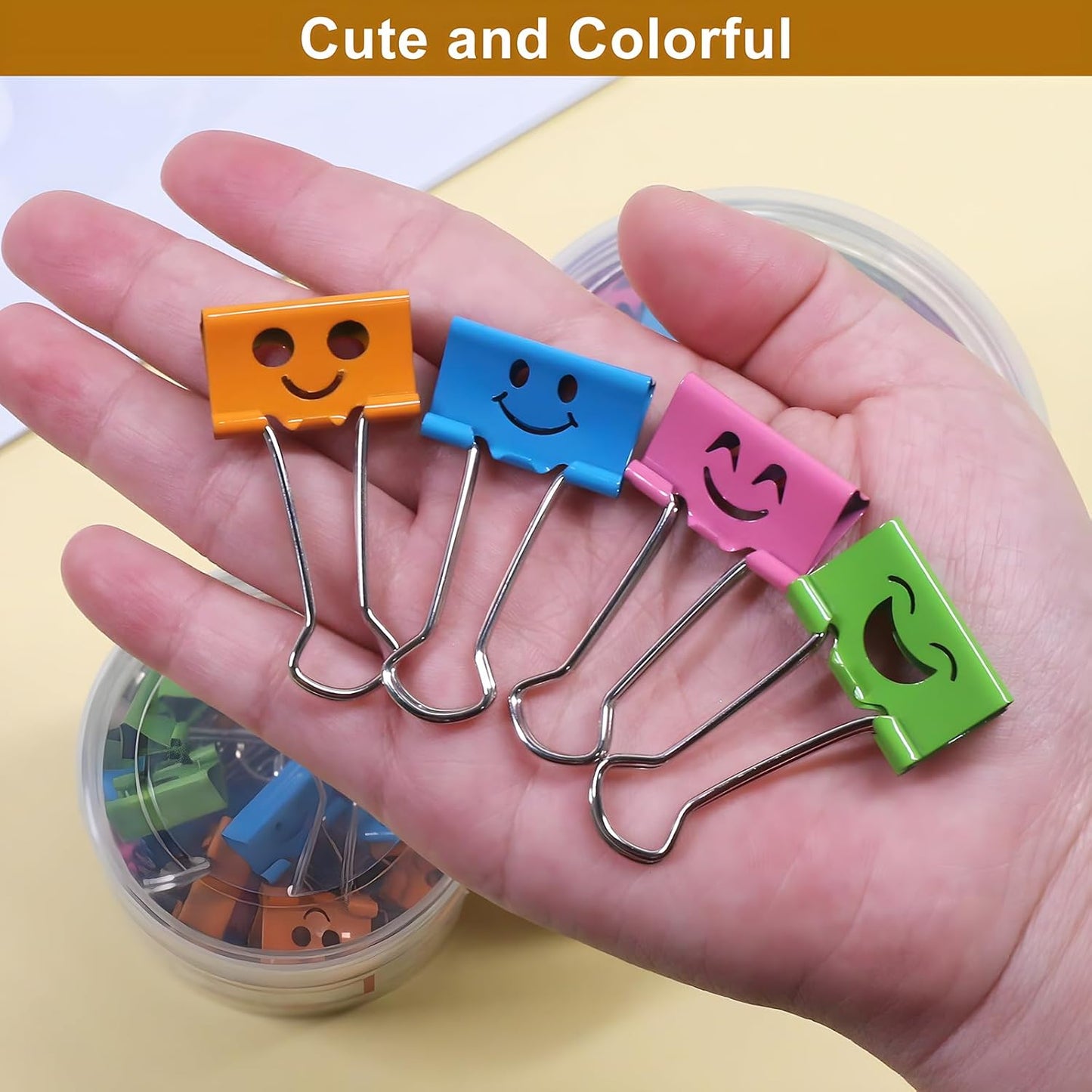 Coideal Smiling Face Binder Clips Medium, 48 Pcs 1 Inch Smiley Metal Paper Clips Clamps Assorted Color with Cute Fun Smile Hollow for Office (25mm)
