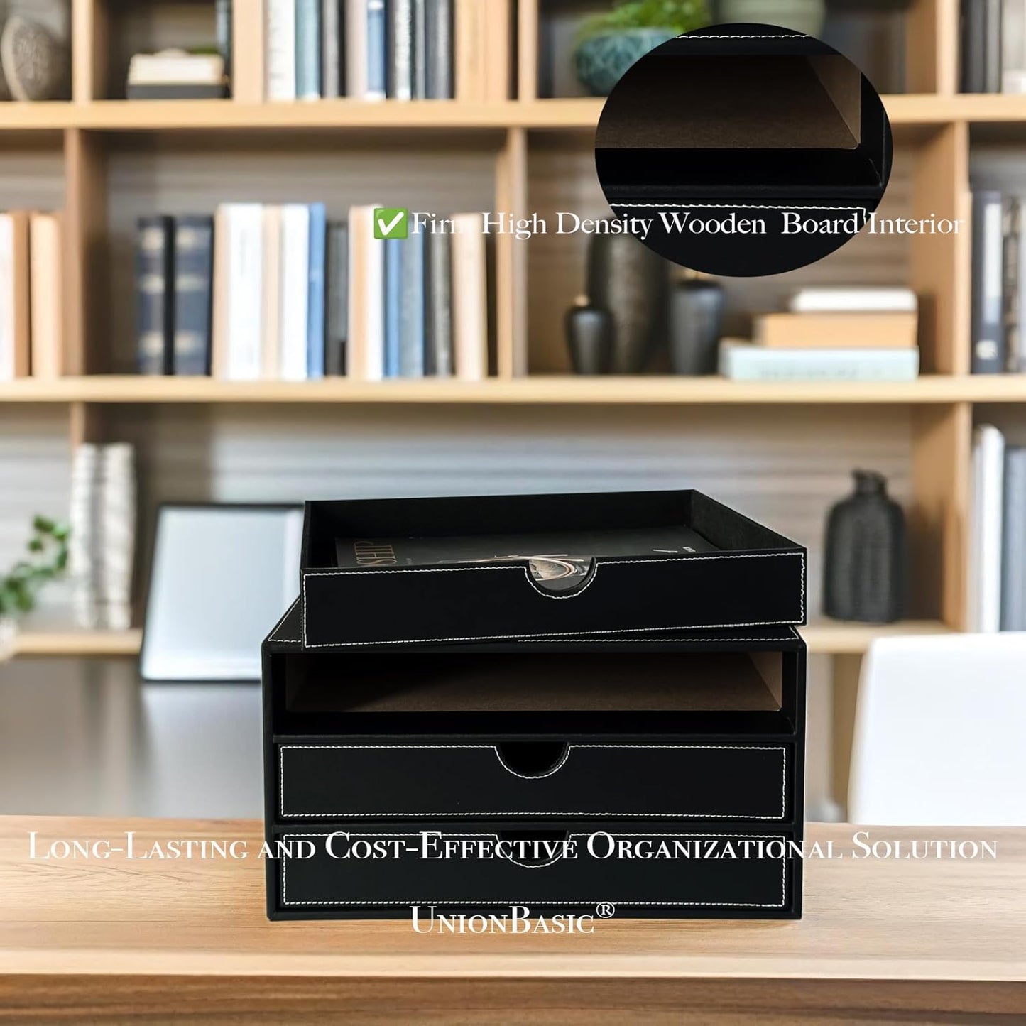 UnionBasic Document Organizer, 3-Drawer File Cabinet Document Storage Box, Office Desktop Filing Organizer, Black with White Stitching