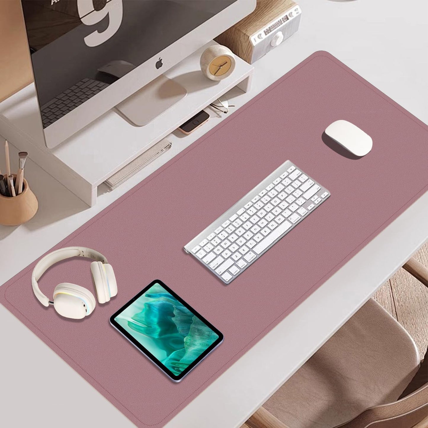 PU Leather & Cork Desk Blotter, Office & Home (Purple Pink) - Non-Slip Keyboard & Mouse Mat, 47.2" x 17"