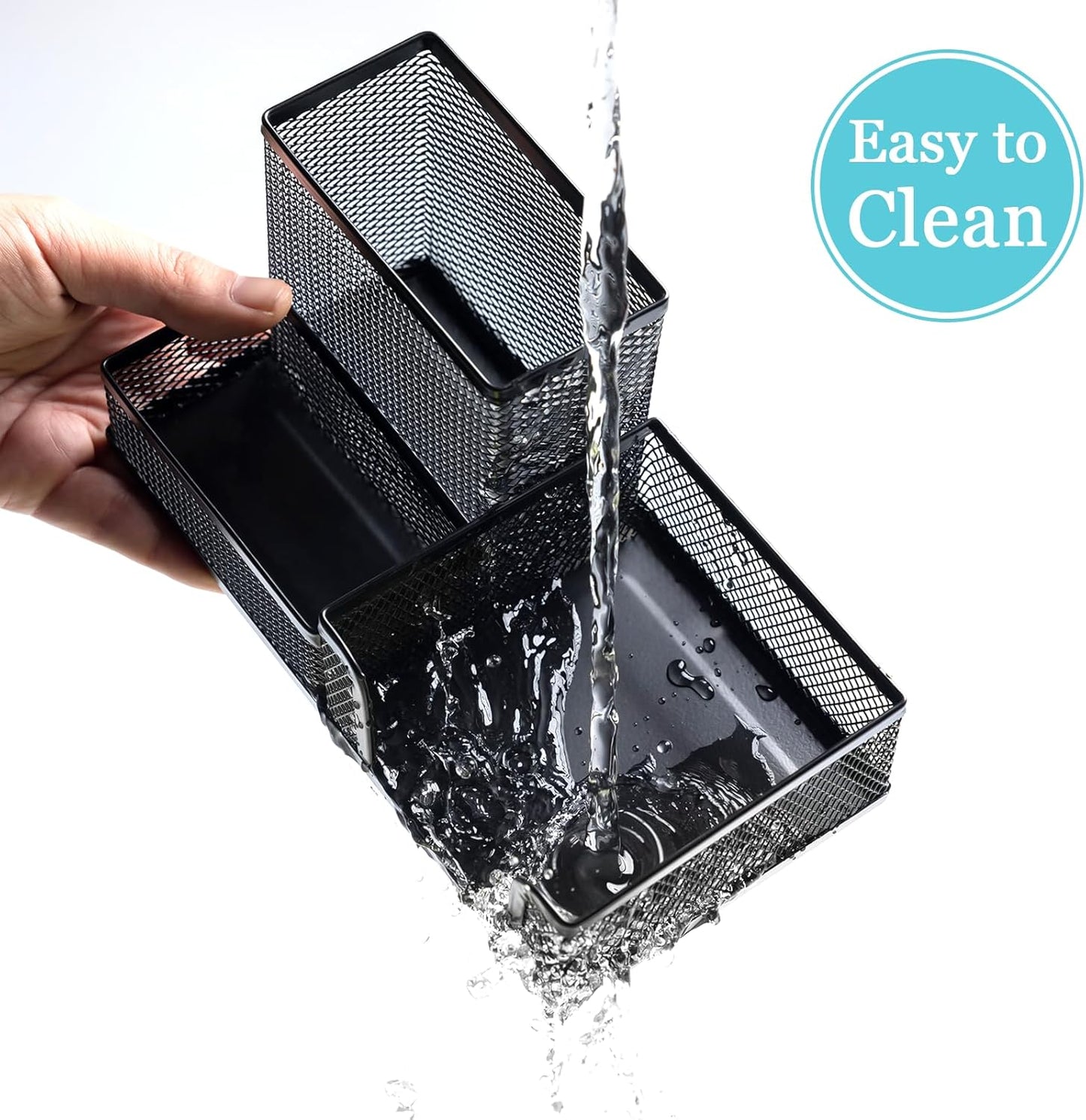 Black Mesh Pen Holder Desktop Organizers Pencil Holder for Desk 3 Compartments Metal Office Supply Organizer with Sticky Notes Holder for Office Desk Accessories