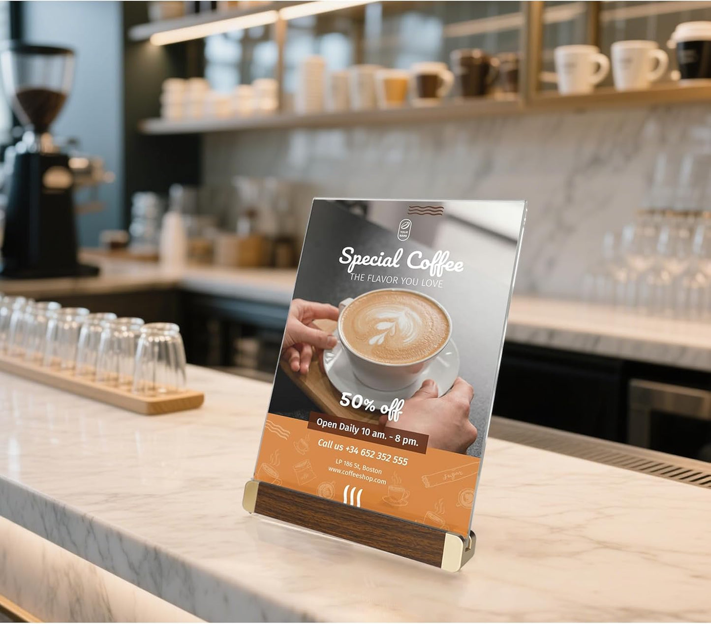 8.5 x 11 Acrylic Sign Holder, Classic Wooden Gold Stand, Double Sided Display Table Top Paper Holder, for Office, Cafe, Store, Menu, Certificate, Document (Vertical, 6pack)