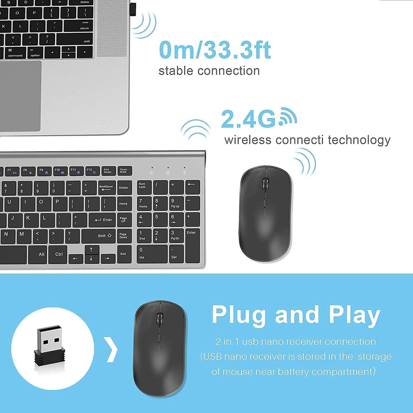 JOYACCESS Wireless Keyboard and Mouse,2.4G Ergonomic and Slim Wireless Computer Keyboard Mouse Designed for Windows, PC, Laptop,Tablet - Black Grey
