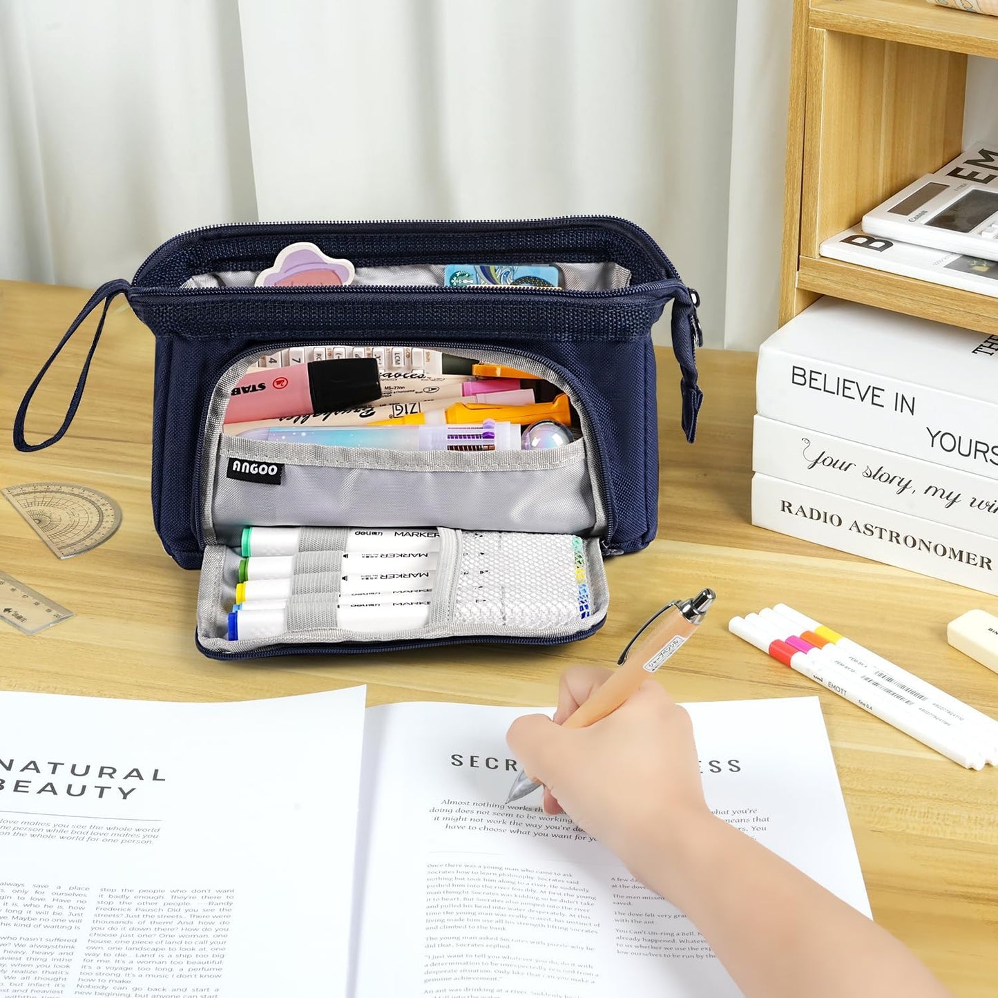 Pencil Case Pouch Large Capacity with Compartments, Pencil Case Pouch Bag with Zipper Handle for Teen Girls Boys Adults Women Men, Portable Pen Bag Stationery Organizer for Office School Travel, Navy