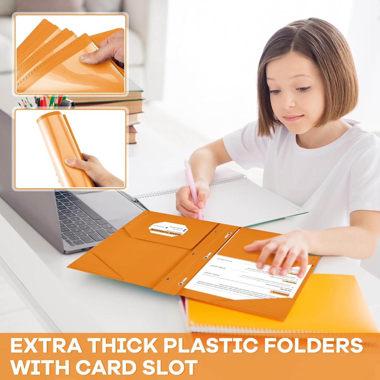 Henoyso 72 Pcs Plastic Folder with Clear Front Pocket and 3 Prong Plastic Folders with Card Slot Pocket Folders with Prongs for School Office (Orange)