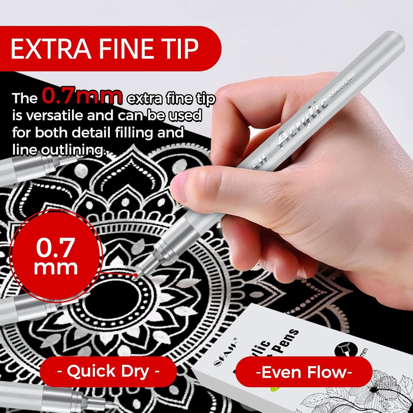 SFAIH Silver Paint Markers Pens -4 Pack 0.7MM Fine Tip Acrylic Markers for Rock Painting, Wood, Metal, Fabric, Plastic, Canvas, Glass, Ceramic, Diy Crafts, Drawing, Tire