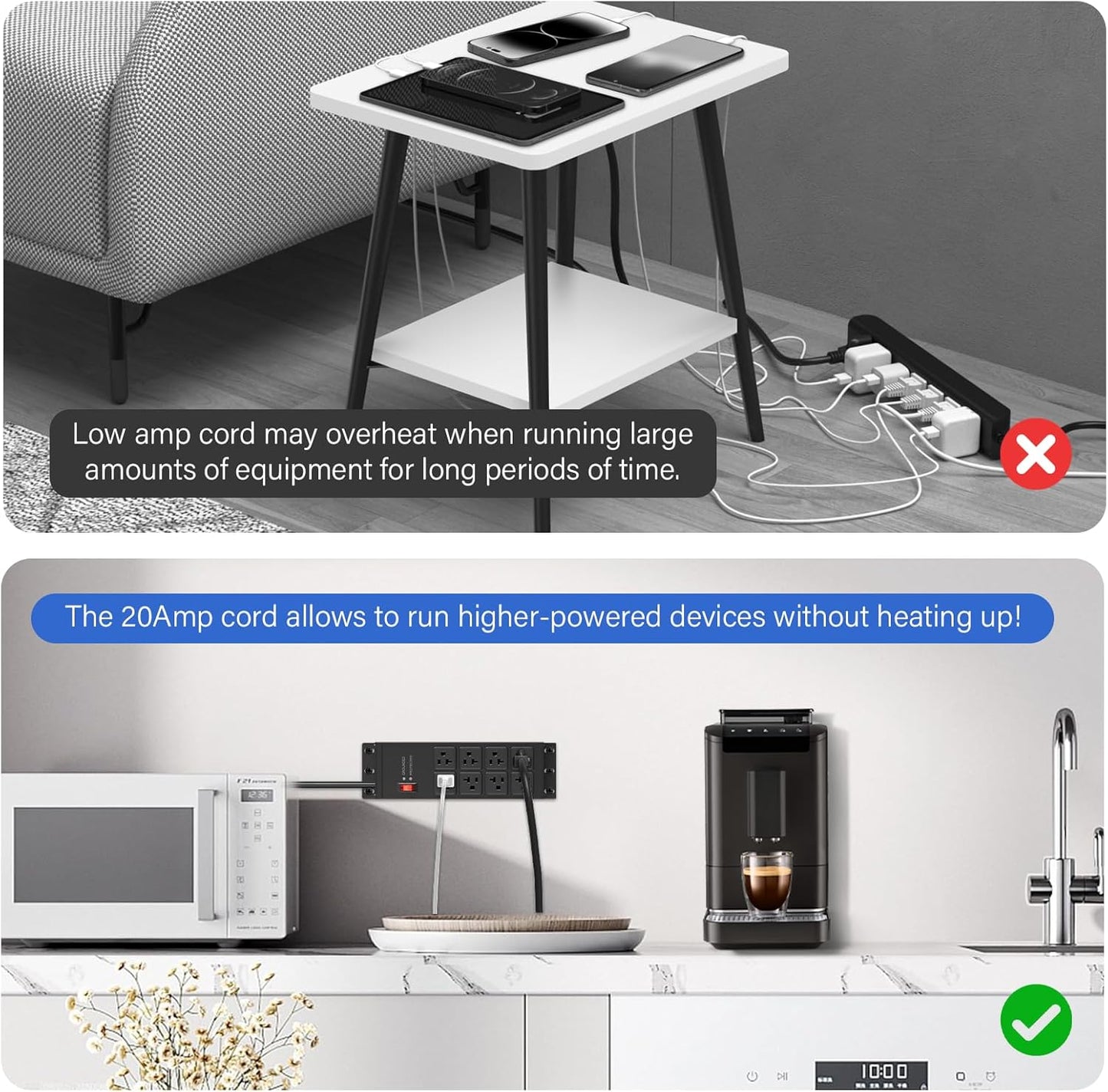 CCCEI Black Heavy Duty Power Strip Surge Protector 20 AMP, 8 Outlets 12 Gauge Industrial Shop Garage Metal Multiple Outlets, 10 FT Extension Cord 5-15P Adapter High Amp 6-20R T-Slot 20a for Appliance