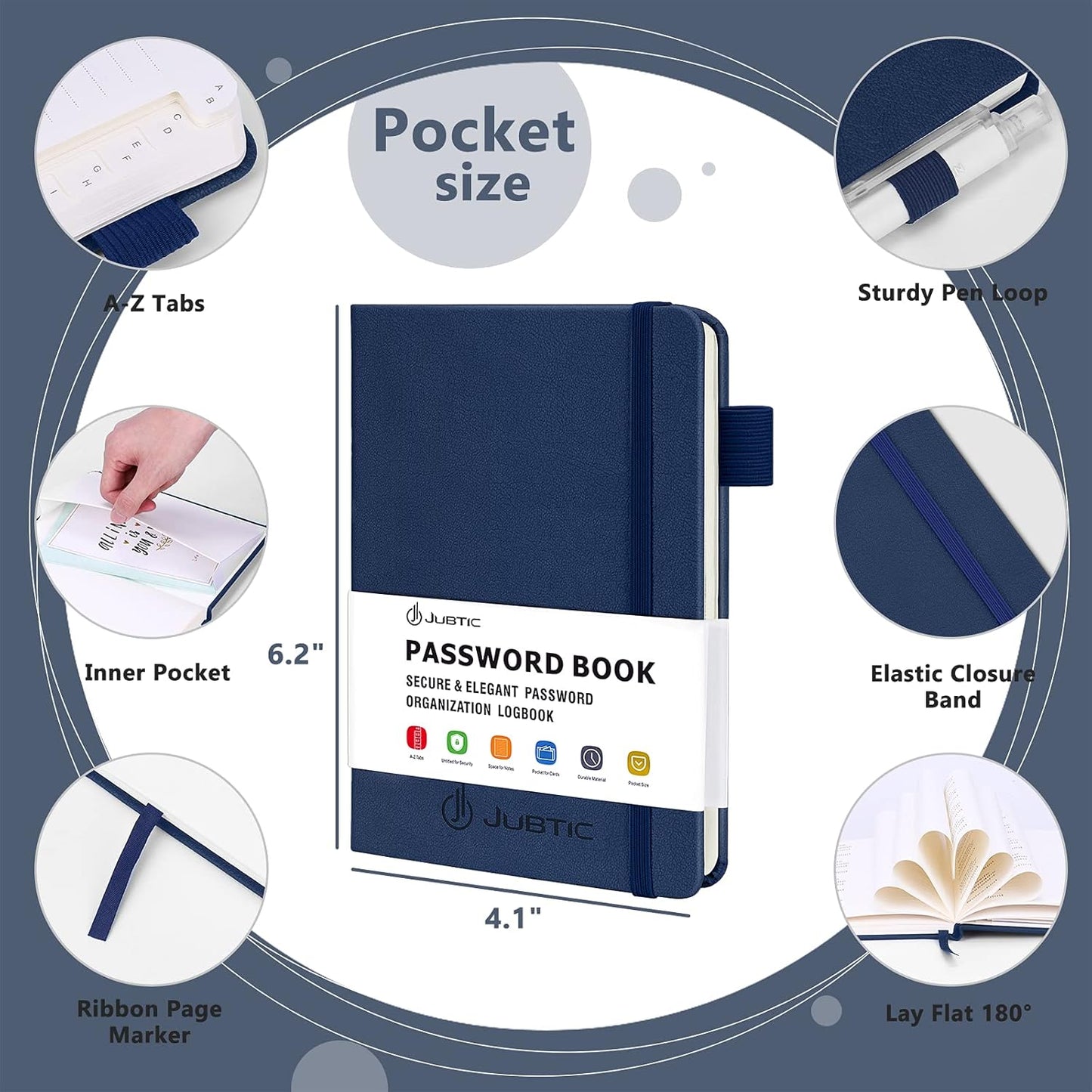 JUBTIC Password Book with Alphabetical Tabs Small Password Keeper with Inner Pocket Record Log in Internet Address Password Notebook Journal Hardcover Password Organizer for Home Office, Blue