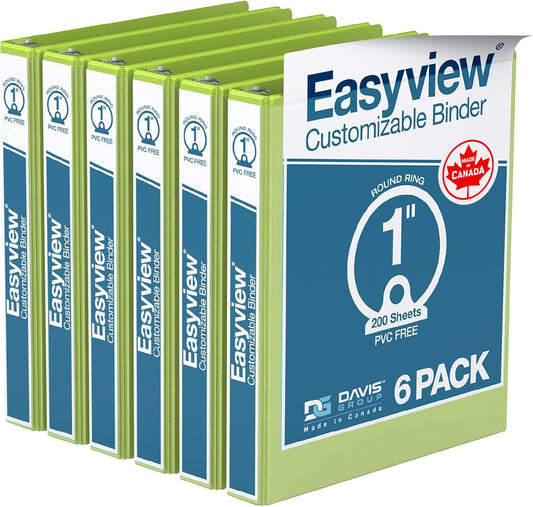 Easyview Premium 3-Ring Binders with Clear-View Covers and Round Rings, Binders for School or Office, 1 Inch, Pack of 6, Lime Green