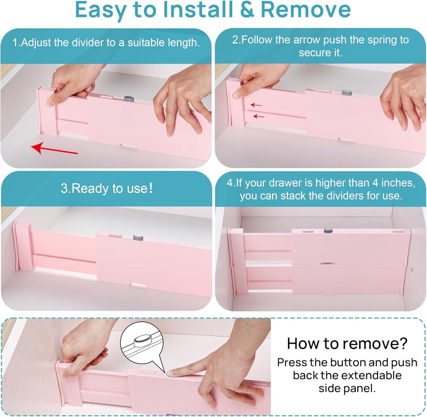 Vtopmart 8 Pack Drawer Dividers for Clothes, 4" High 11.6"-17" Adjustable Expandable Dresser Drawer Organizer, Plastic Separators for Dresser, Baby Clothes, Underwear, Kitchen & Office Storage, Pink