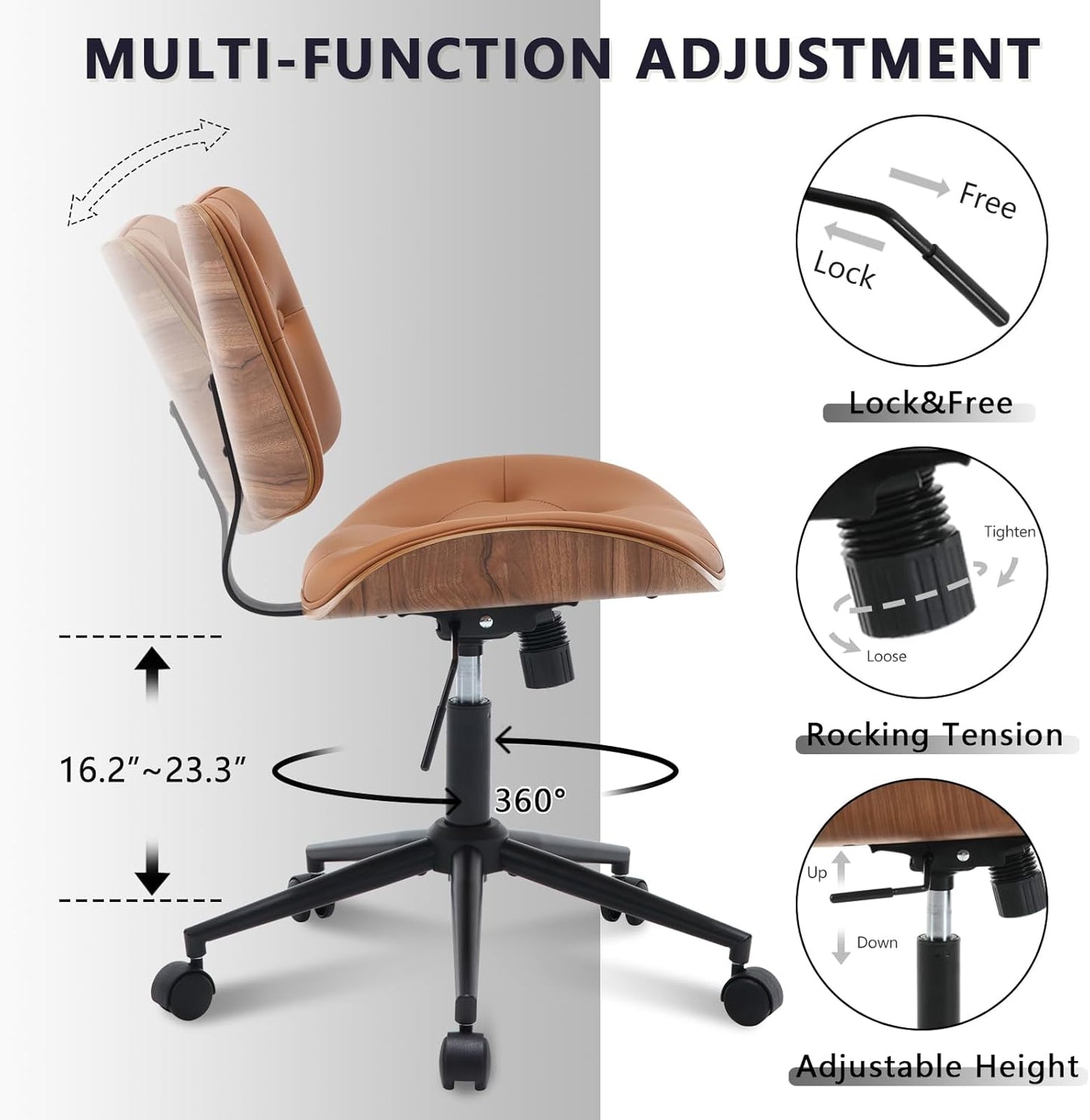 Armless Home Office Chair with Wheels, PU Leather Adjustable Height Computer Desk Chair, 360 Swivel Small No Arms Chair, Modern Button Walnut Style for Office, Reading Meeting Room(Brown)