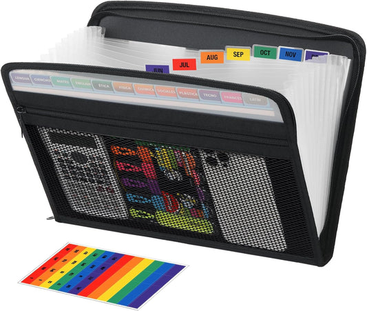 H4D Zippered Accordion File Organizer with Front Mesh Pouch, 13 Pocket Expanding File Folder, Fit for Documents Letter Size A4 Papers, Clear