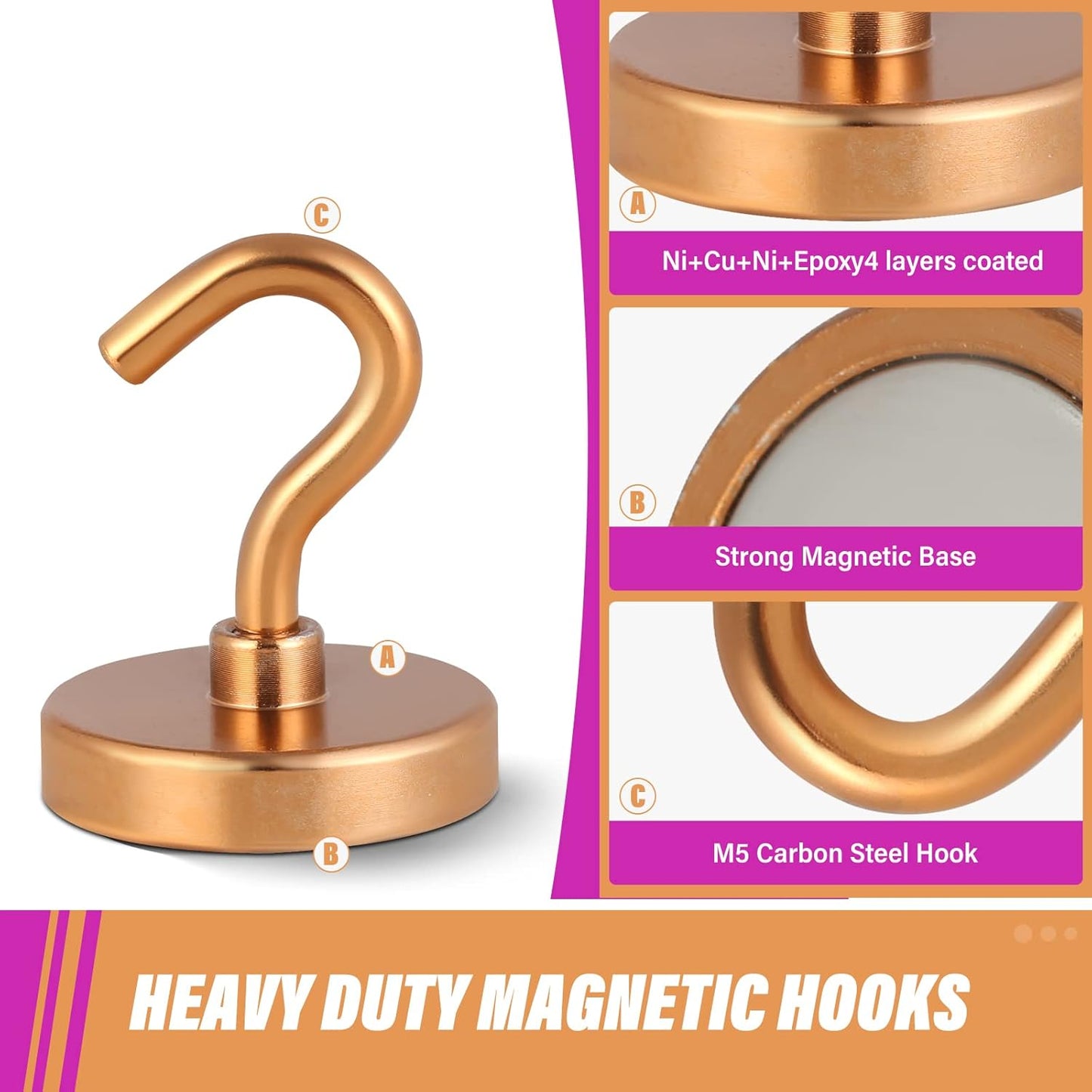 Neosmuk Magnetic Hooks Heavy Duty, Strong Magnet with Hook for Fridge, Super Neodymium Extra Strength Industrial Hooks for Hanging, Magnetic Hanger for Toolbox, Cruise, Grill(Bronze,4 Pack)