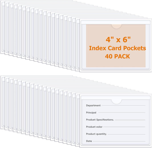 40 PCS Index Card Pockets 4"X6", Self Adhesive Card Pockets, Clear Label Pockets for Storage Bins, Plastic Labels Holders for Organizing, Loading, Drawer,Library Card, Totes, Shelves (4"X6")