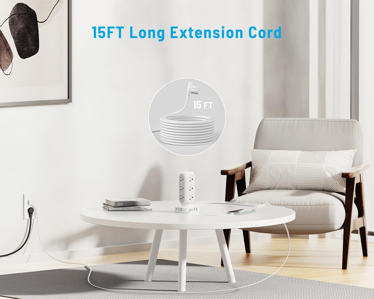 Flat Plug Power Strip Tower, 40W Total Fast Charging Station, Dual PD 20W USB-C Surge Protector with 12 AC Outlets and 8 USB Ports (4 USB C), 15FT Extension Cord for Home Office Dorm Room