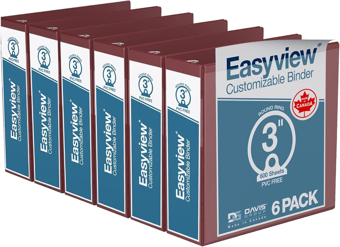 Easyview Premium 3-Ring Binders with Clear-View Covers and Round Rings, Binders for School or Office, 3 Inch, Pack of 6, Burgundy