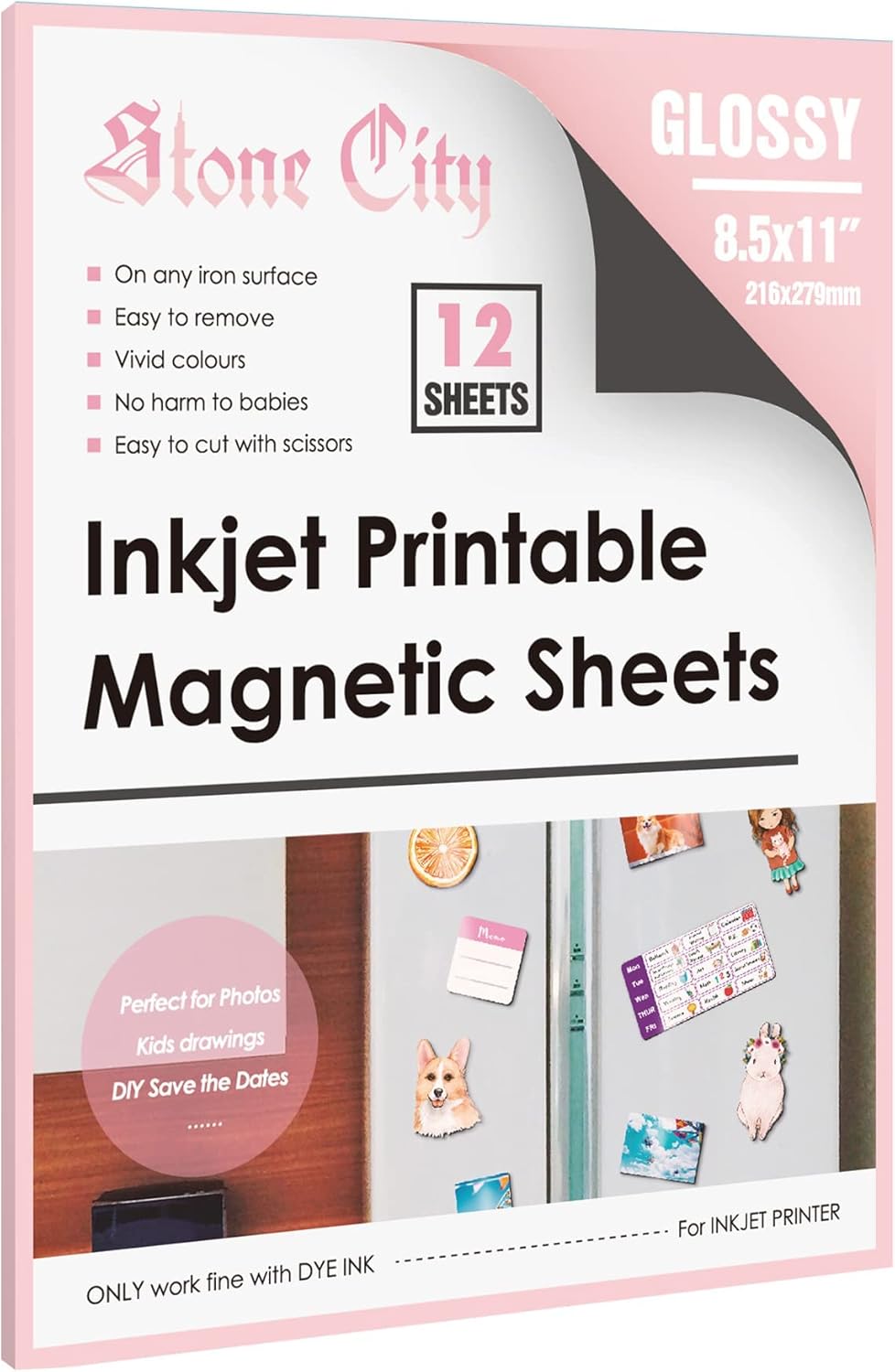 Stone City Printable Magnetic Sheets Make Refrigerator Photo Magnet Glossy Print Paper 12mil Thickness for Inkjet Printers 8.5x 11 Inches 12 Sheets