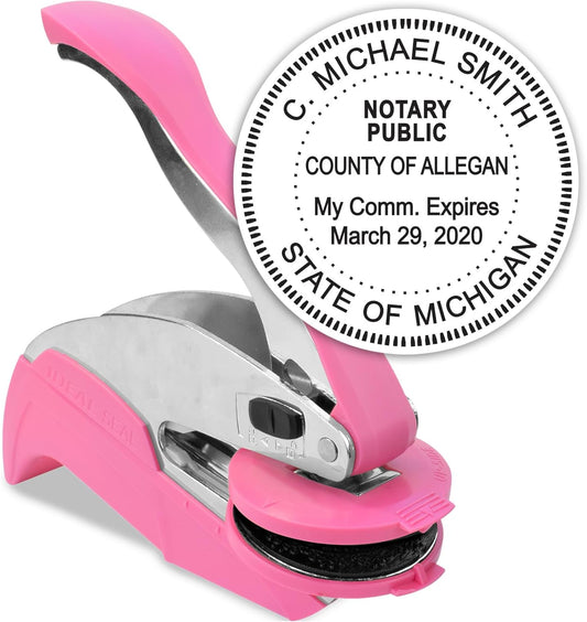 MaxMark Notary Seal Round Pink Embosser for Michigan State - Includes Gold Burst Seal Labels (50 Count)