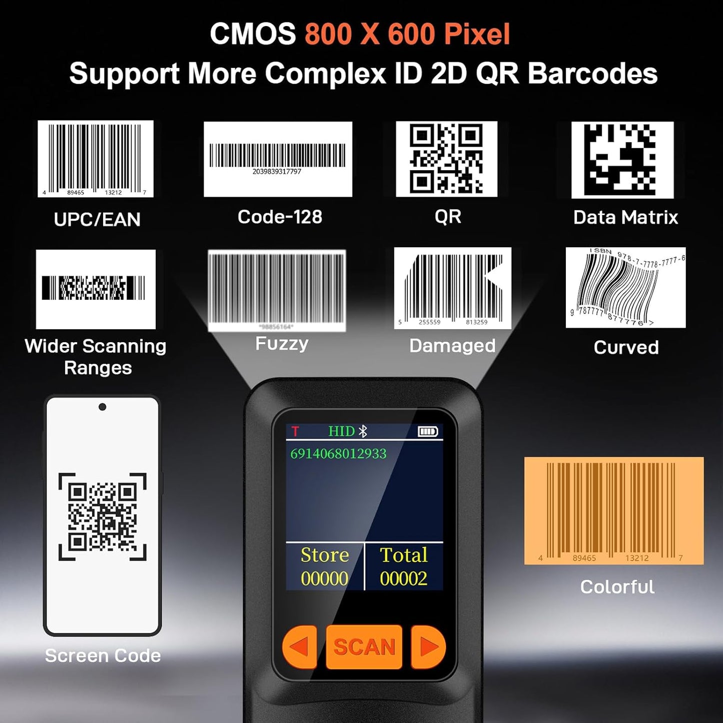 KUIIYER Mini Bluetooth Barcode Scanner, Wireless 2D QR 1D Bar Code Scanners with LCD Screen Display & Setting Keypad & AI Voice, Small Portable Handheld Barcode Reader for Smart Phone, Computers & POS