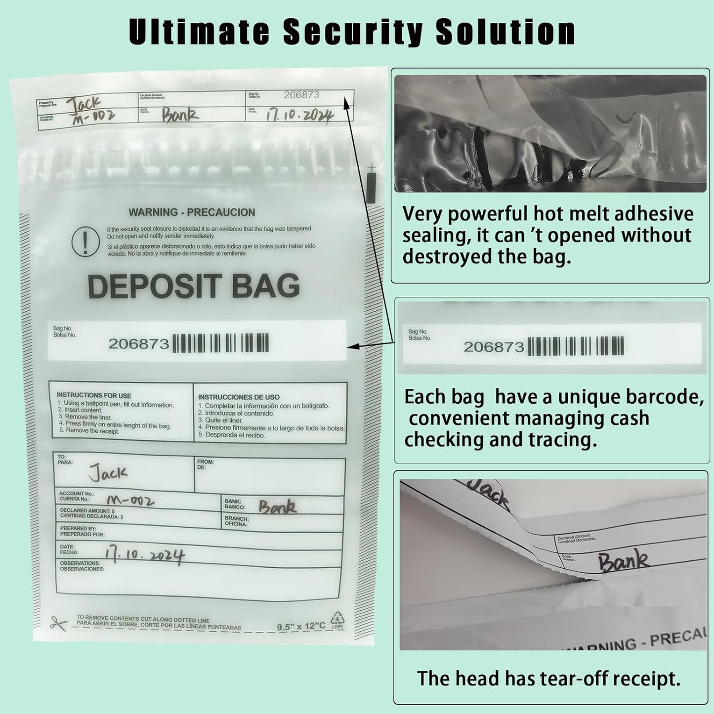 Plastic Deposit Bags 100 Pack Clear 9''x 12'', Security Bank Deposits Bags,Cash register bag,Money bag for Cash,Bank Pocket,Tamper-Evident Bag,Unique Barcode