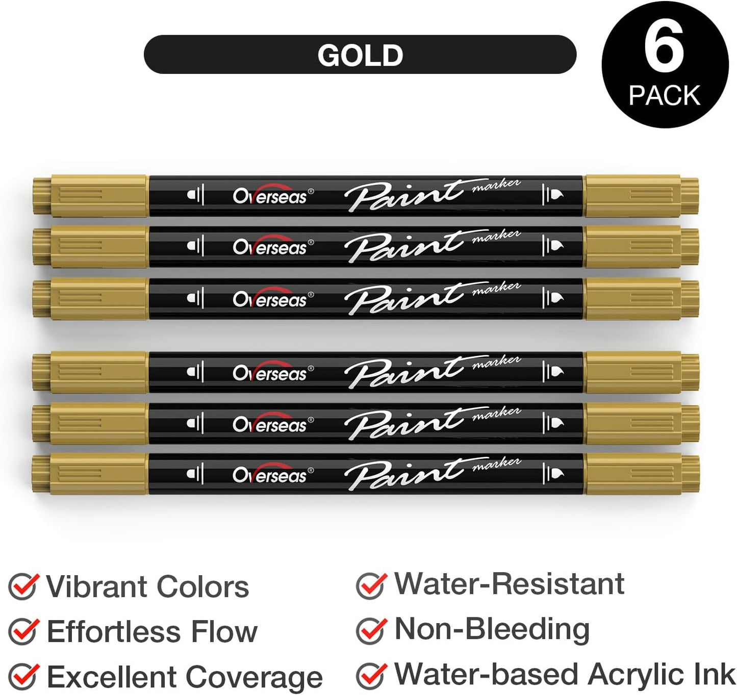 Overseas Gold Acrylic Paint Markers, 6 Pack Dual Tip Paint Pens Acrylic Markers - Dot and Brush Tip Gold Pens for Wood, Rock, Canvas, Glass, Metal, Plastic, Rubber, Fabric, School Supplies