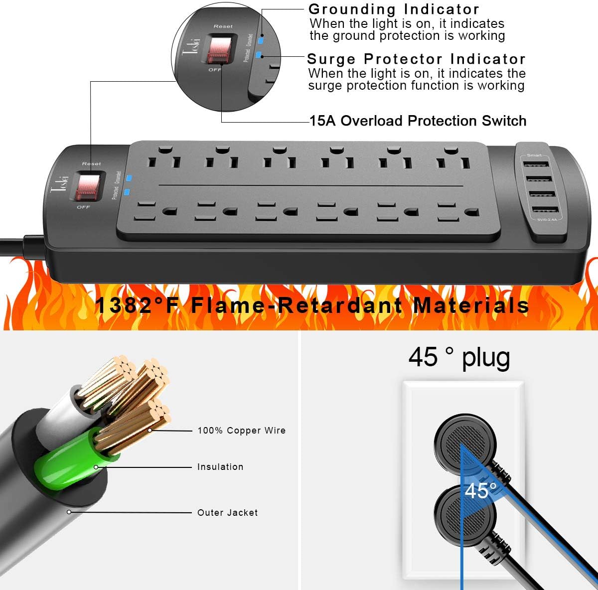 Power Strip, Tcstei Surge Protector with 12 Outlets and 4 USB Ports, 20 Feet Extension Cord (1875W/15A) for Home, Office, Dorm Essentials, 2700 Joules, ETL Listed, Black
