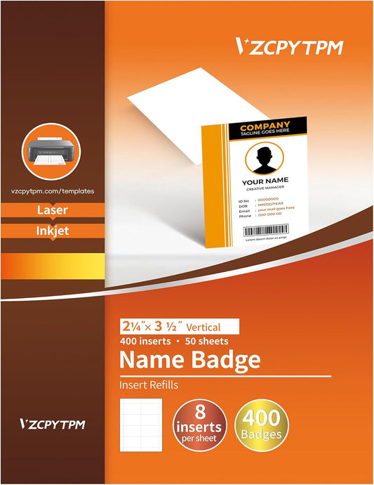 Customizable Name Badges Insert,2-1/4x3-1/2 Inch Vertical,White Printable Name Tag Insert Refills for Name Tag Holder,Laser/Inkjet Printable,400 Total Badges Insert(No Clip)