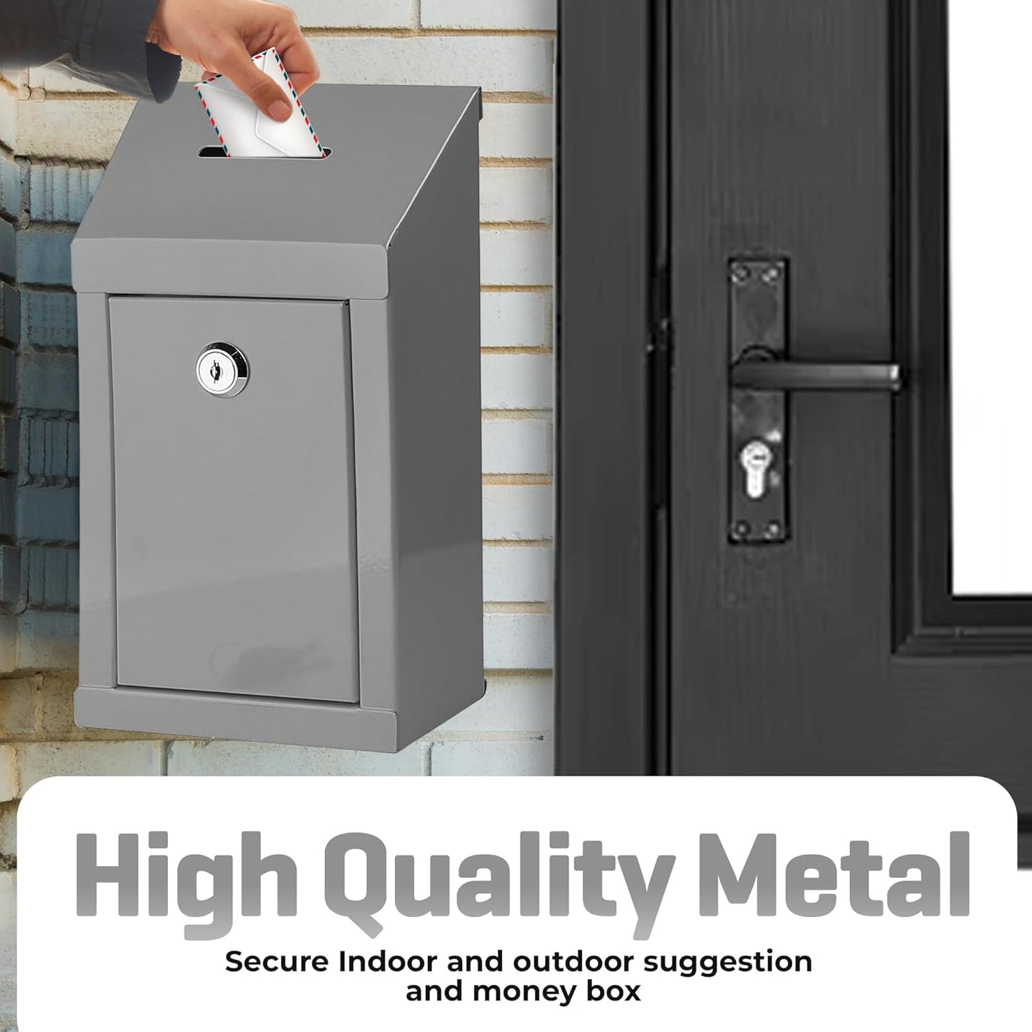 Metal Donation Box-Suggestion Box with Slot and lock-Cash Lock box for Money-Secure Drop Box-Comment and ballot voting box-comes with pre-drilled holes for easy wall mounting 10 X 6 X 2.5"(Grey)