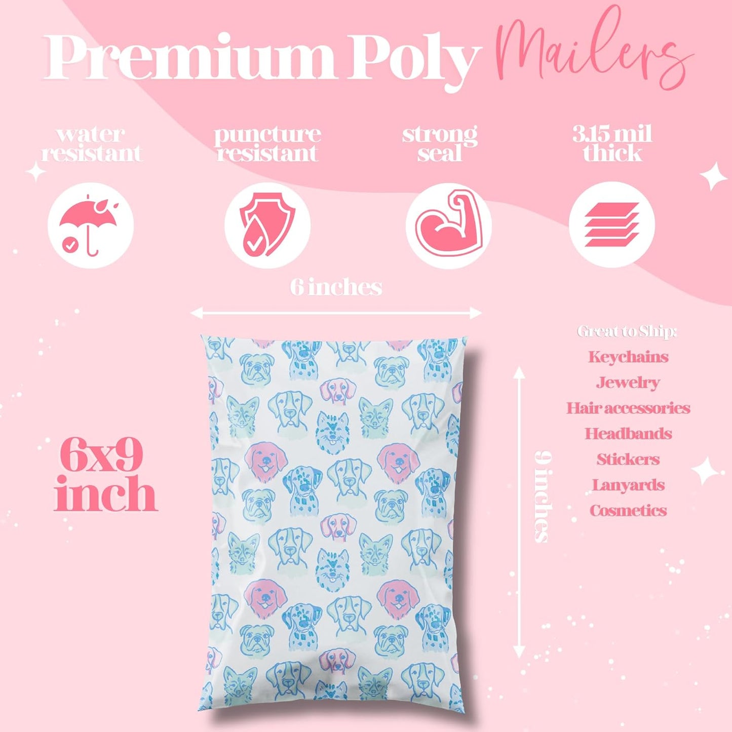 6x9 Designer Poly Mailer 100 Pack Heavy Duty Waterproof Self Seal Shipping Bags for Small Business Large Mailing Envelopes Bulk Tear Resistant Packaging Pretty Pups Puppy Dogs