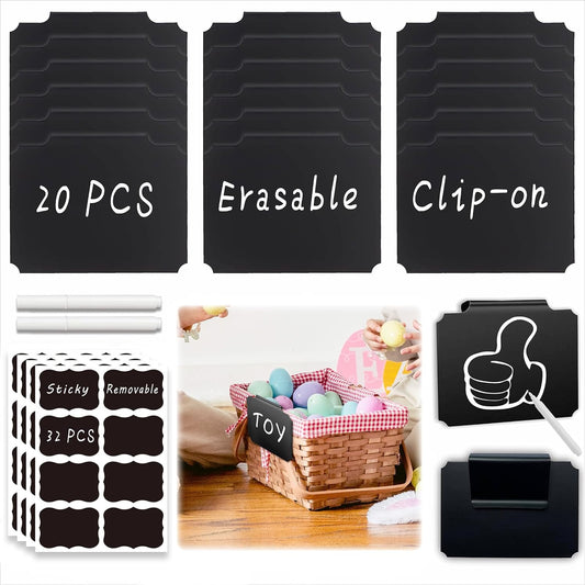 54-Piece Set of Basket Labels Clip On For Storage Bins: 20 Erasable Plastic Kitchen Pantry Labels, 32 Removable PVC Tag Stickers, 2 White Chalk Markers, For Organization Container, Jar, Shelf, Laundry