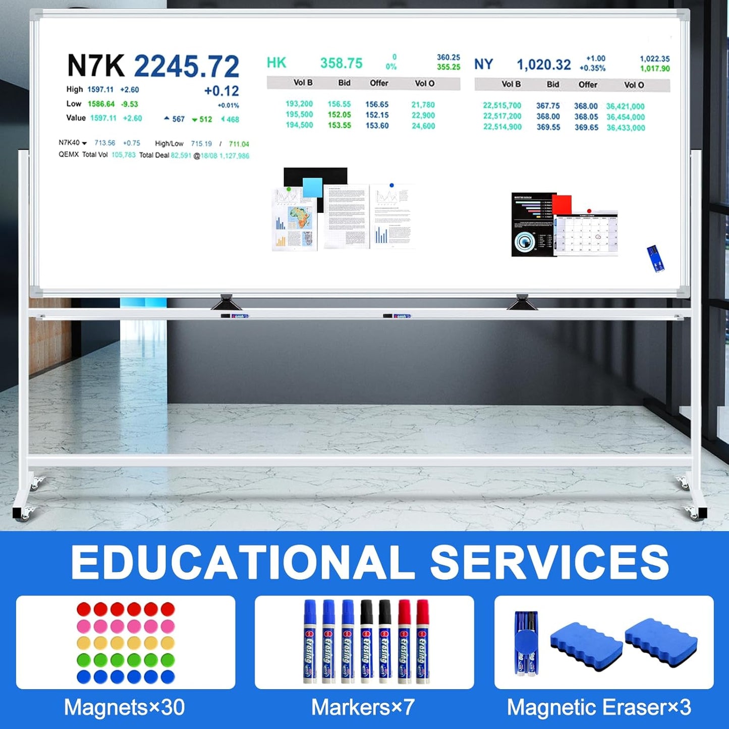 96"x48" Large Magnetic White Board Dry Erase Whiteboard with Rolling Stand 8’x4’ Double-Sided Mobile White Boards on Wheels, Including 3 Magnetic Erasers, 7 Markers, 30 Magnets