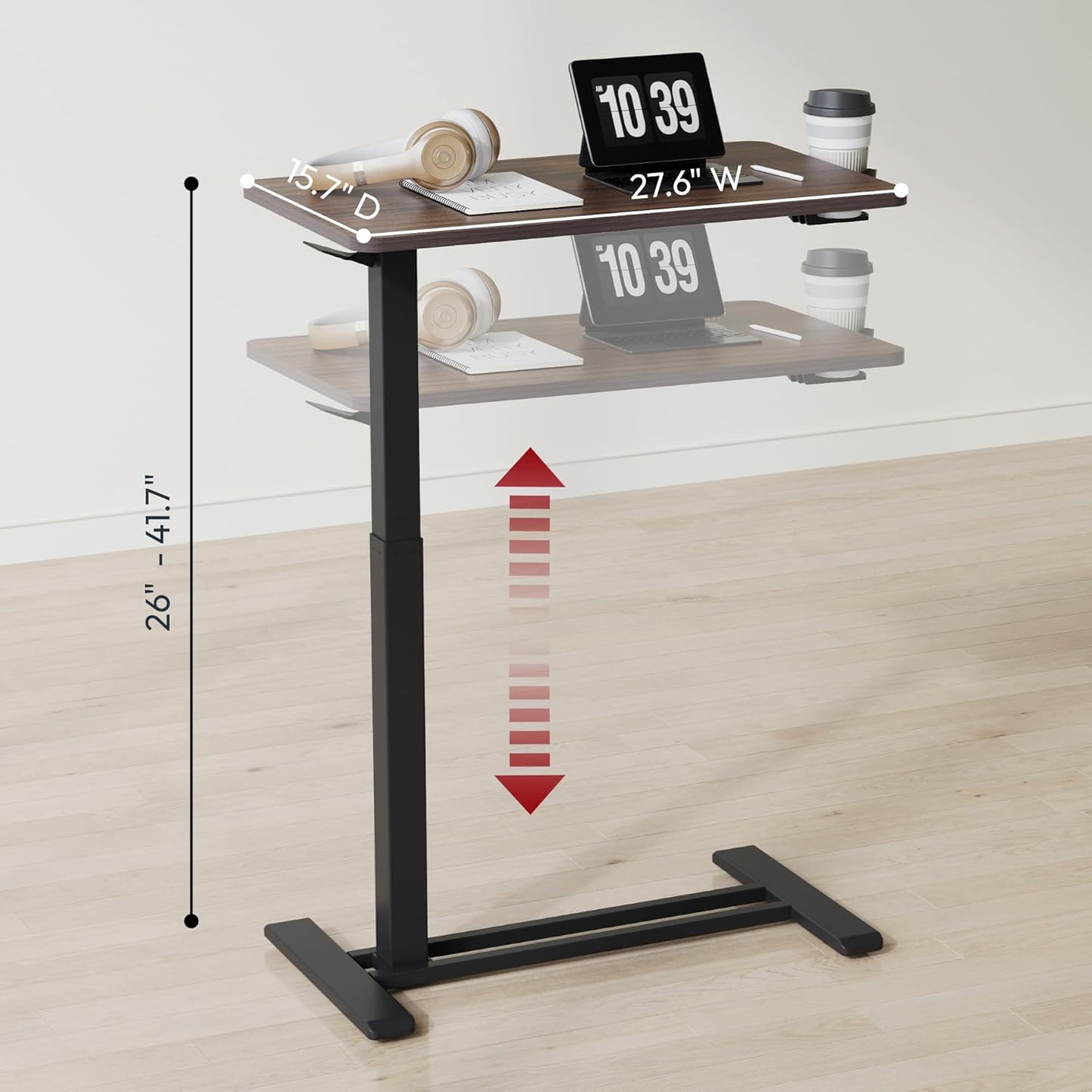 SANODESK Mobile Standing Desk with Hidden Wheels,Pneumatic Laptop Desk Rolling Computer Cart Movable Height Adjustable Small Sit Stand Desk for Home Office(27.6" W x 15.7" D, Maple)