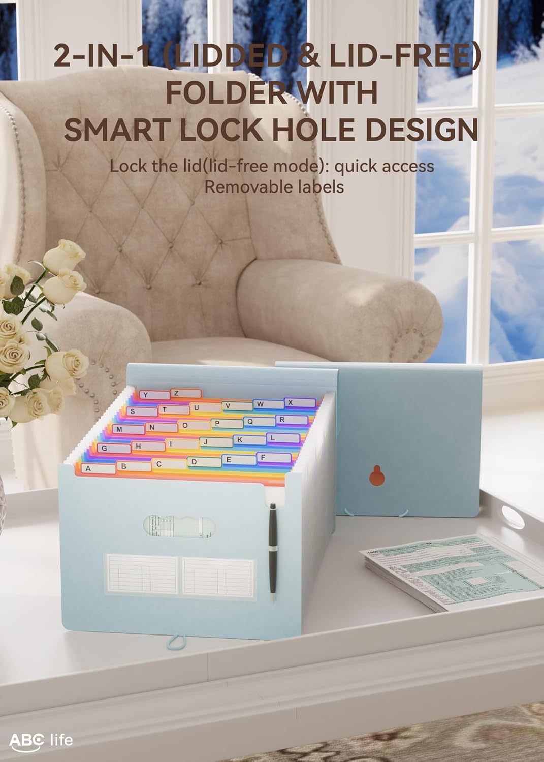 ABC life 26 Pockets Accordion File Organizer, Expanding File Folder, Portable Monthly Paper Bill Tax Receipt Organizer, Letter A4 Size Document Organizer with Blank Labels - Light Blue