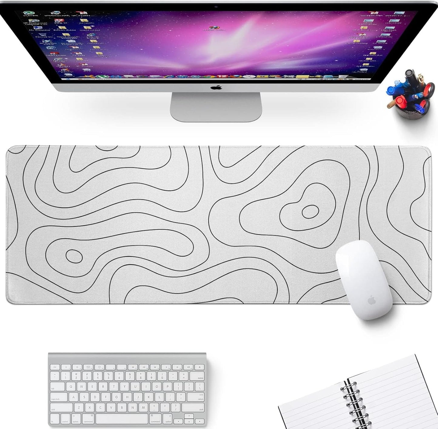 White Large Gaming Mouse Pad Desk Pad Topographic Map Big Keyboard Mat 31.5x11.8inch Computer Mousepad with Stitched Edge Non-Slip Rubber Base