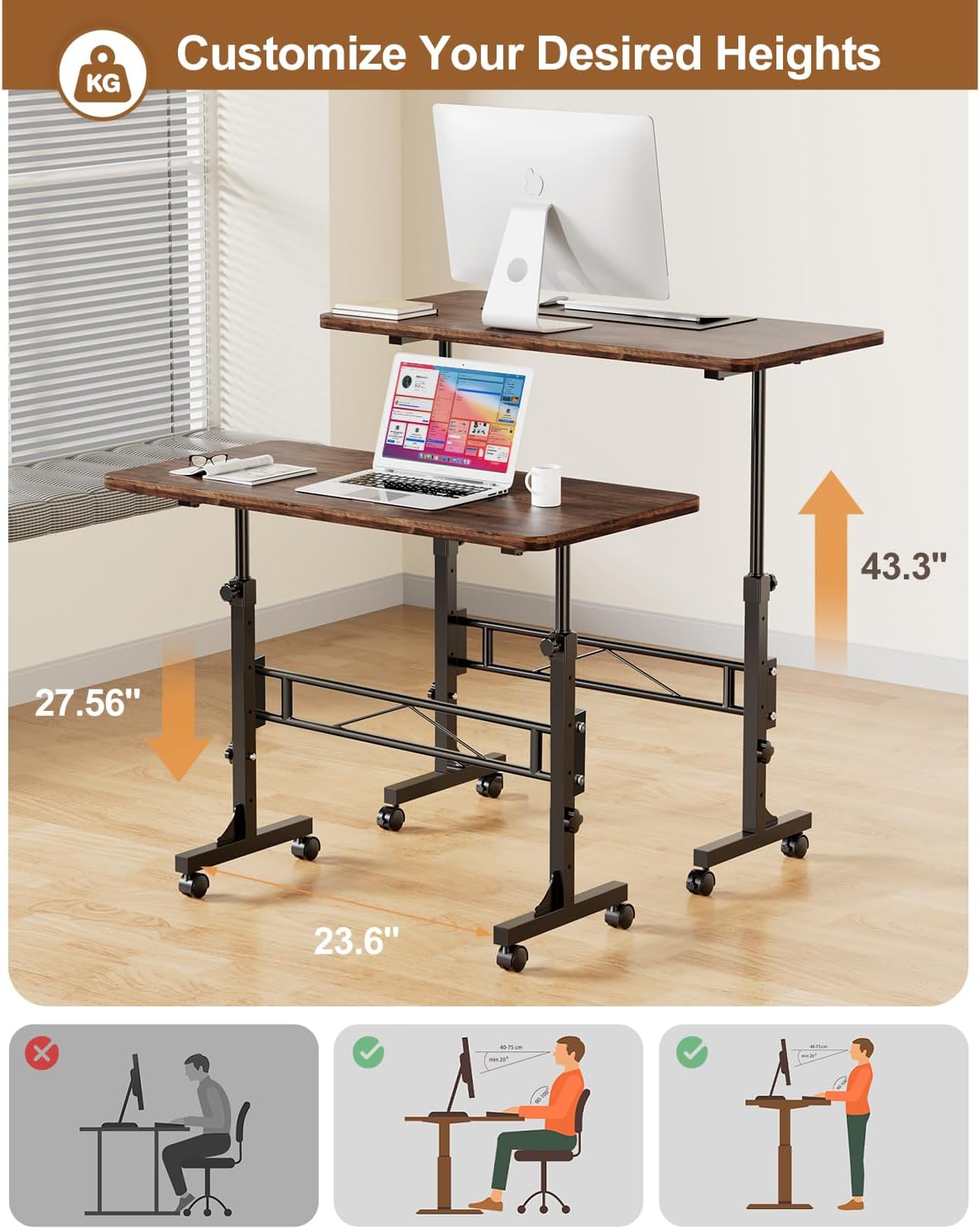 Small Standing Desk Adjustable Height, Mobile Stand Up Desk with Wheels, 32 Inch Portable Rolling Desks for Walking Pad Treadmill Wood Rustic