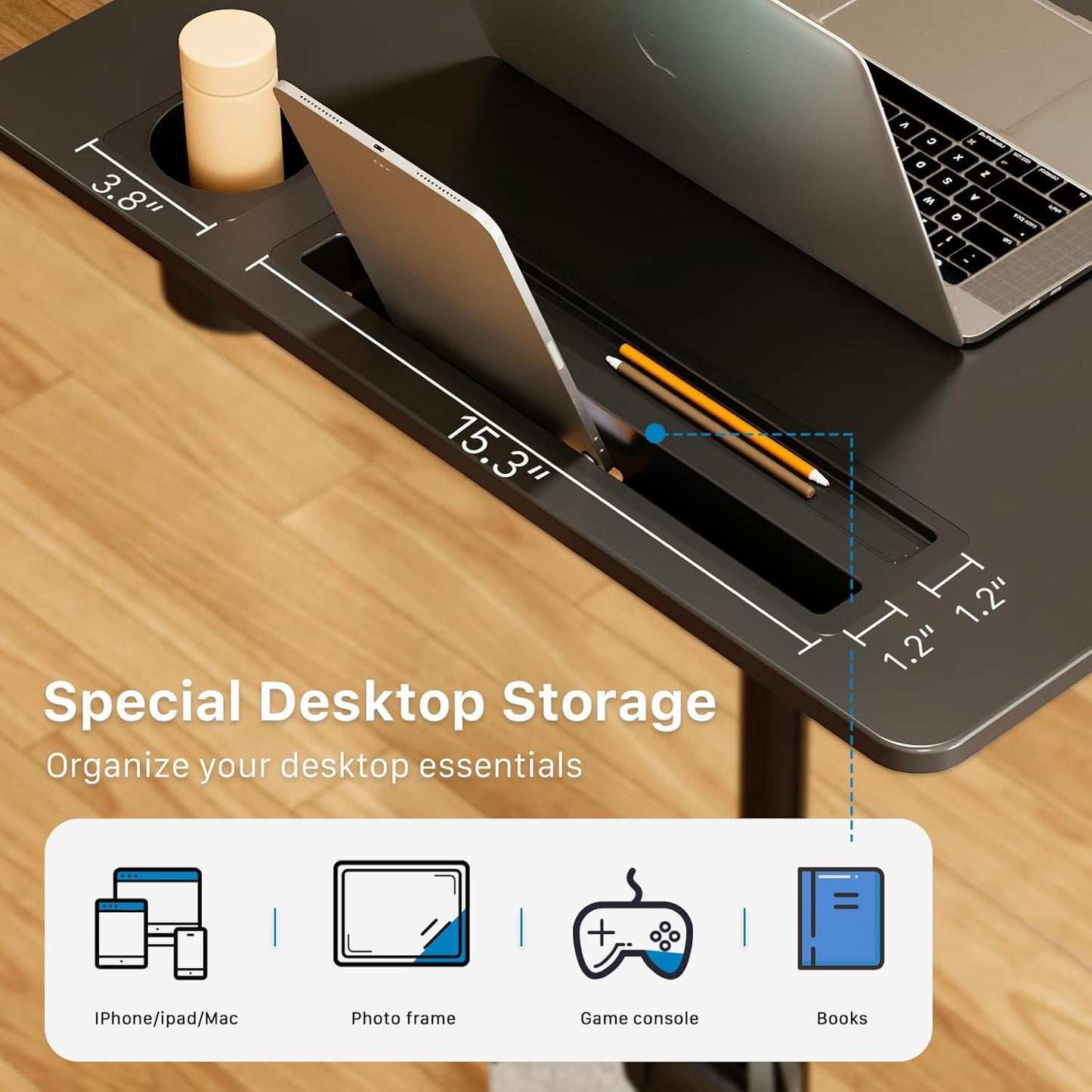 Mobile Standing Desk, 28 inch Rolling Standing Laptop Desk with Cup Holder, Mobile Desk Workstation with Wheels, Portable Computer Desk Cart with Hook for Home Office, Black