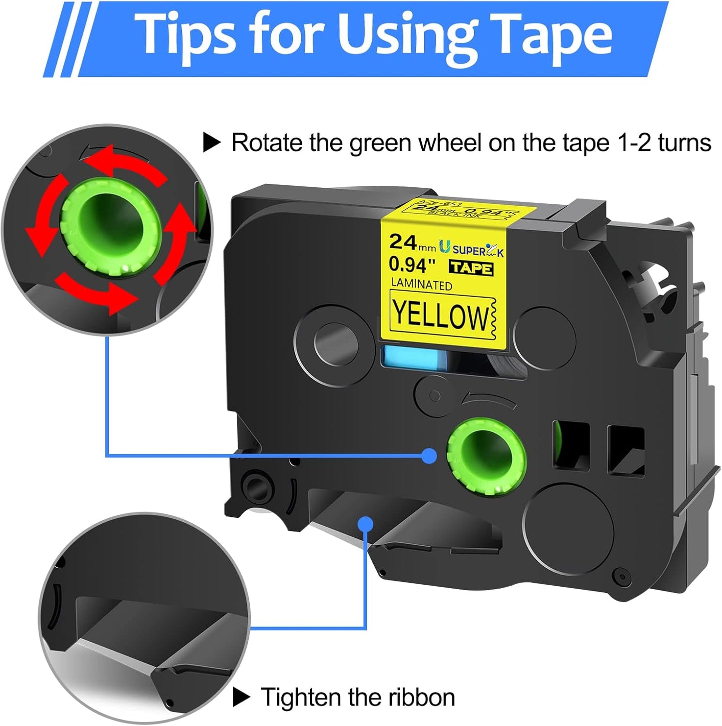 6PK 24mm Yellow Label Tape Compatible for Brother P-Touch Label Maker Tape TZe-651 1 Inch TZe TZ Tape TZ-651 TZe651 24mm 0.94'' Laminated Black on Yellow for PT-D600 D610BT P710BT P750W