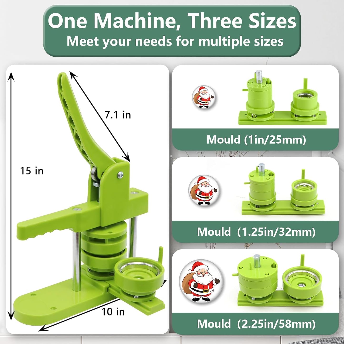 Button Maker Machine Multiple Sizes 1+1.25+2.25in, Button Pin Maker Kit for DIY Gifts, Badge Press Machine with Free 300PCS 25+32+58mm Badge Making Iron Supplies & 3Circle Cutter