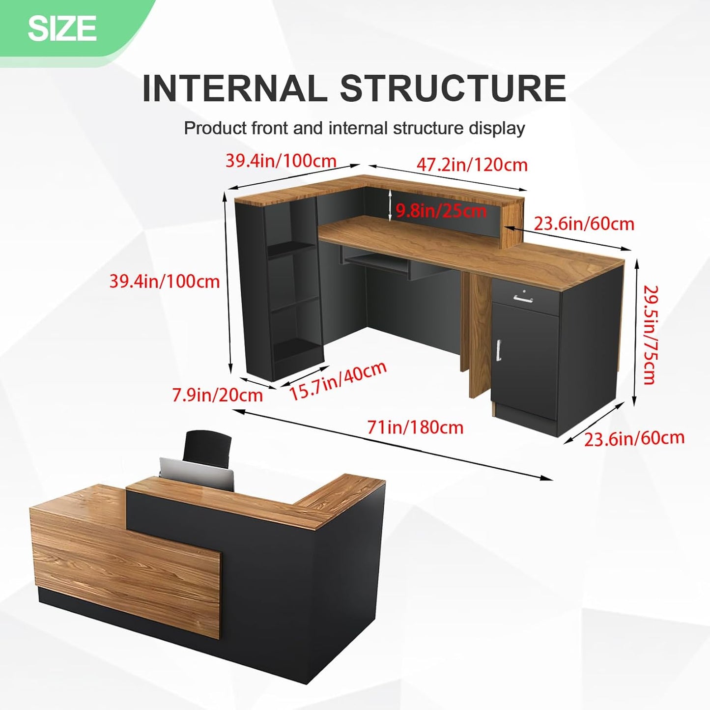Modern Reception Desk with Counter and Drawer Office Front Desk with Cabinet Wooden Commercial Reception Table Checkout Counter for Retail Salon Lobby Black and Wood Right 71inch/180cm