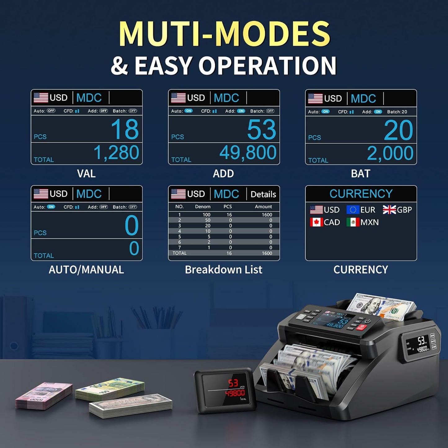 PONNOR N70 Mixed Denomination Money Counter Machine, Value Counting, Cash Counter with Three Displays, UV/MG/IR/MT Counterfeit Detection for Money Counting, Printer Enabled Bill Counter for Business