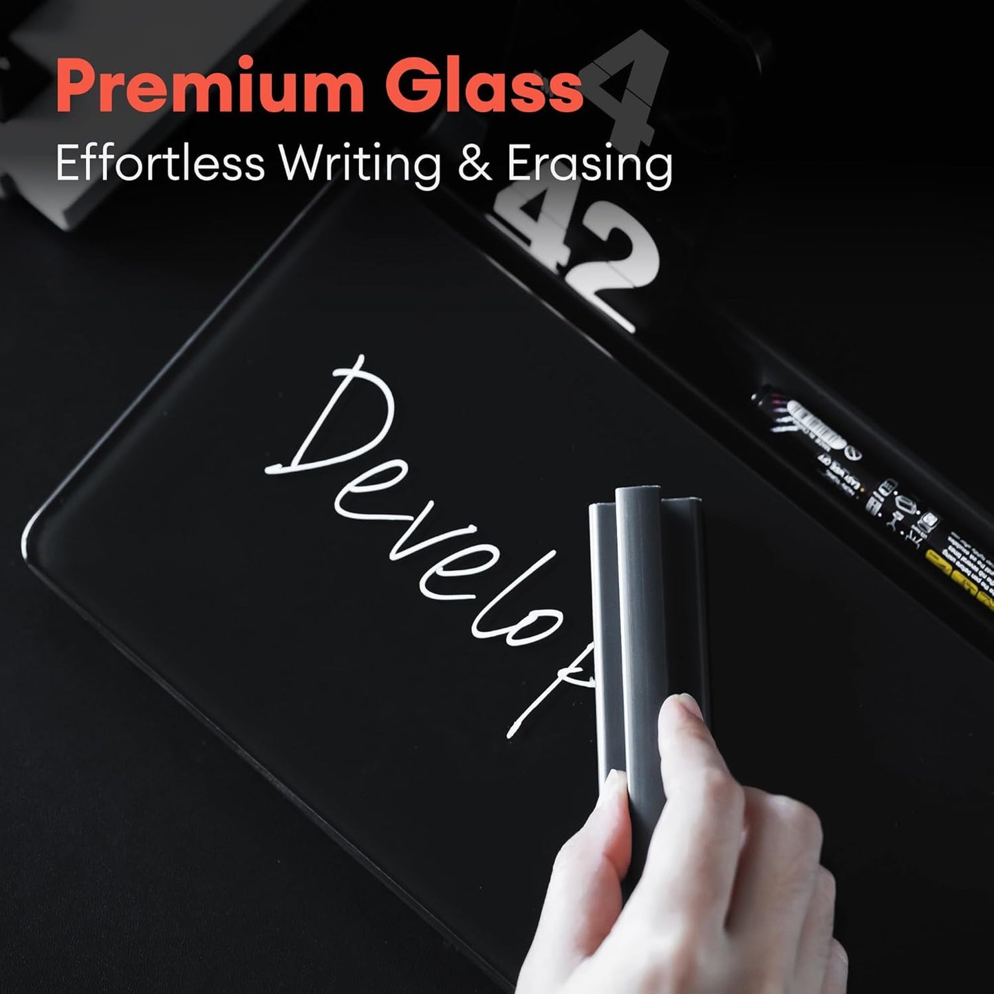 Glass Desktop Whiteboard with Storage 12"x6.5", Black Glass Desk Dry Erase Board Writing Board w. 4 Liquid Chalk Markers,1 Eraser Monitor Memo Board, Home Office Essentials